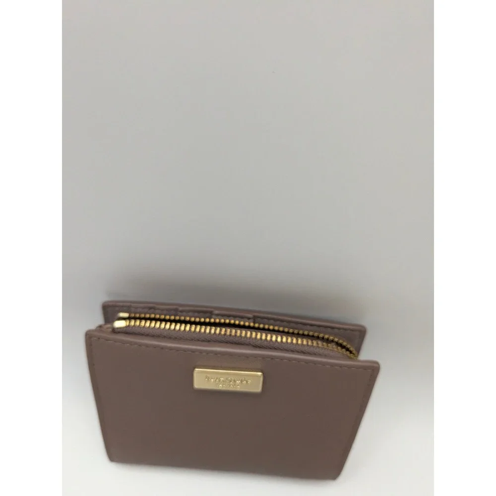 Kate Spade Bifold Wallet Small Taupe Light Mauve Gold Accents Hardware Logo